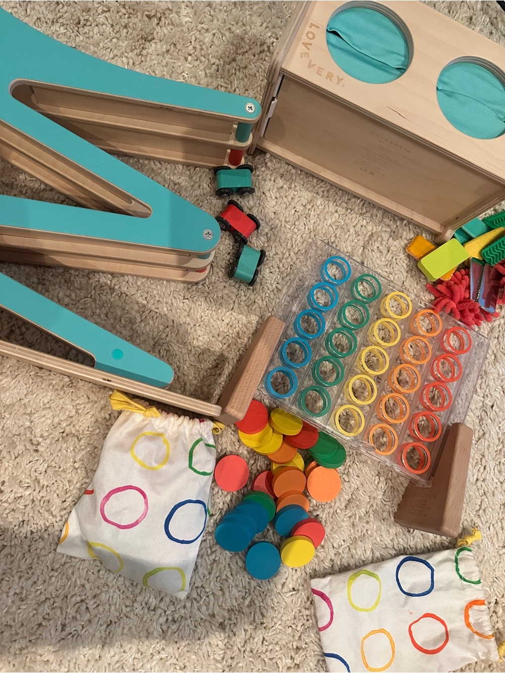 Lovevery Race Car Ramp Drop Match Dot Catcher Montessori Sensory Box